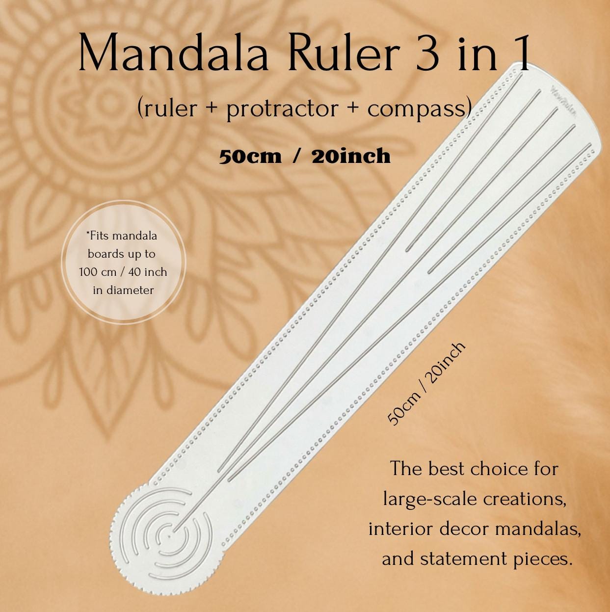 Mandala WOW Lineal 3-in-1 Zirkel + Winkelmesser + Lineal, Punkt-Mandala-Werkzeug, Schablone für Mandala-Kunst, D30cm/12 Zoll. D60cm/24 Zoll. D100cm/40 Zoll.