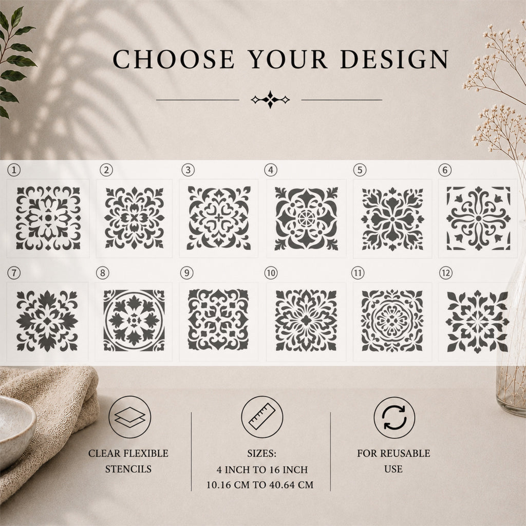 Tile Stencils | Reusable Flexible Floor & Wall Stencils | 48 Designs Sold Individually | 4x4 to 16x16 Inch | DIY Home Decor Painting Art