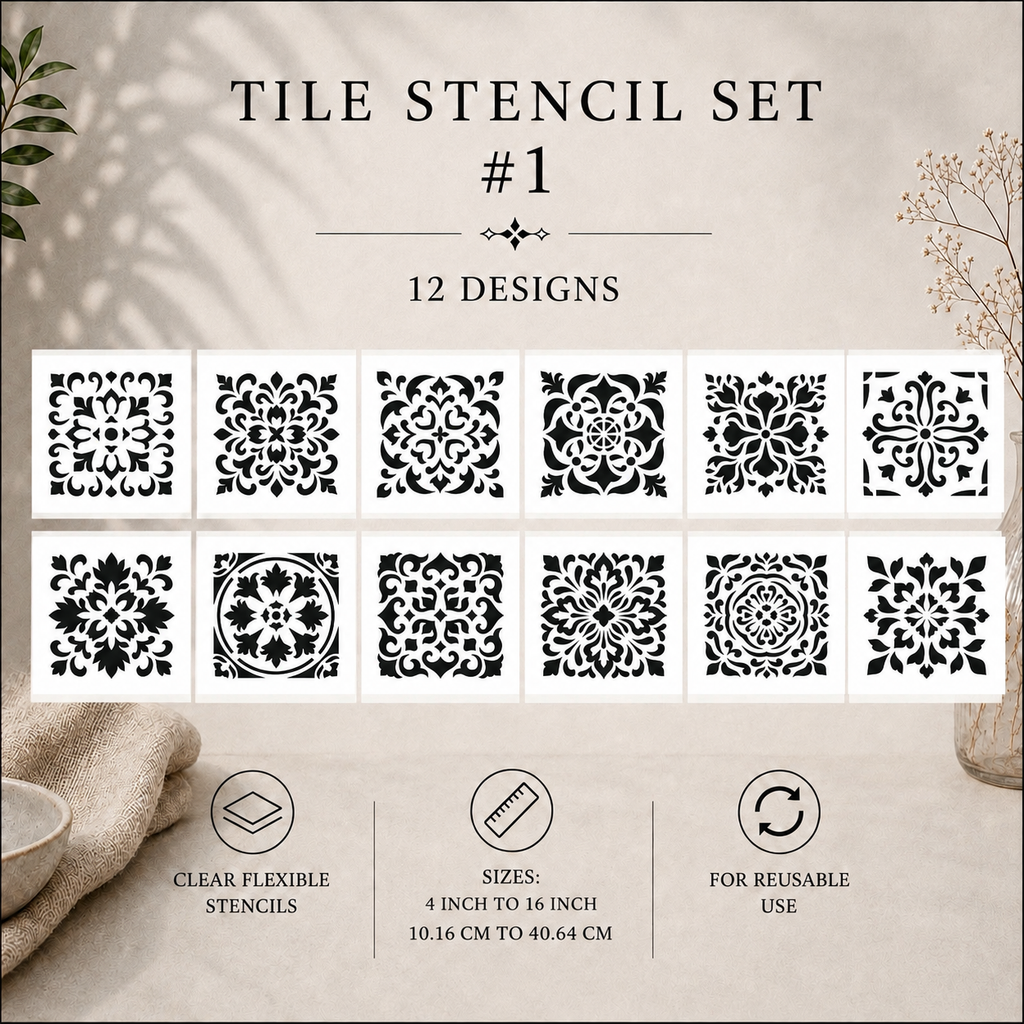 Tile Stencils | Reusable Flexible Floor & Wall Stencils | 48 Designs, 4 Sets | 4x4 to 16x16 Inch, DIY, home decor, painting, art, craft.