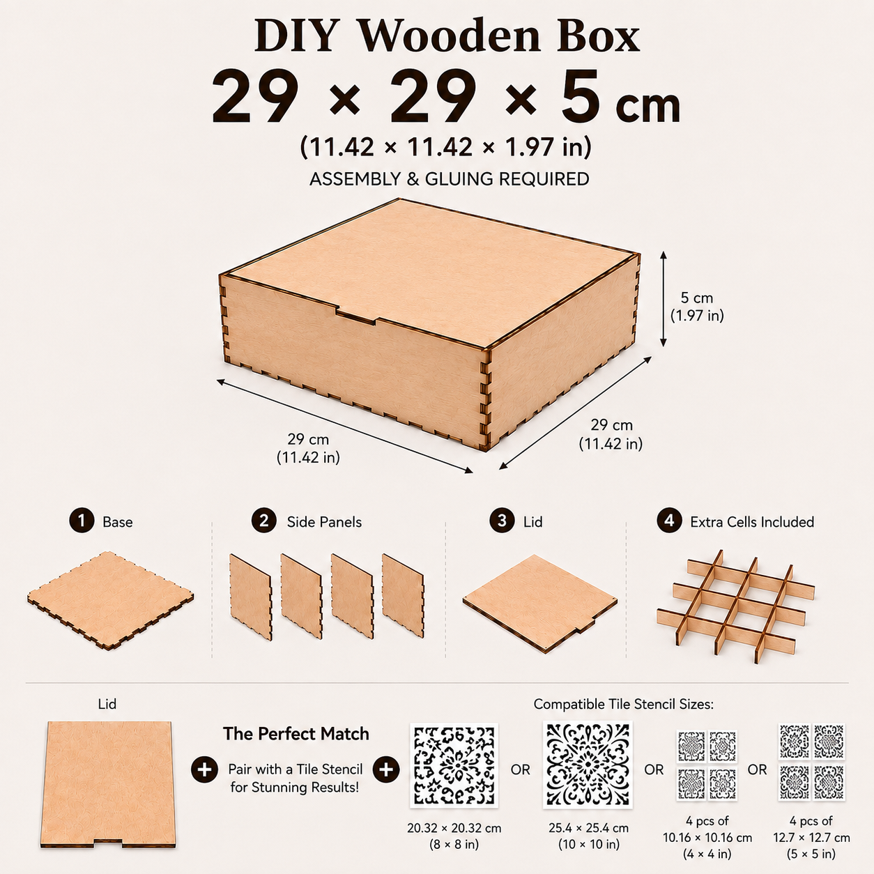DIY Wooden Box Kit, Birch Plywood Box, Unfinished Wood Box, Craft Storage Box, Jewelry Box Blank, DIY Gift Box, Tile Stencil Box, Art