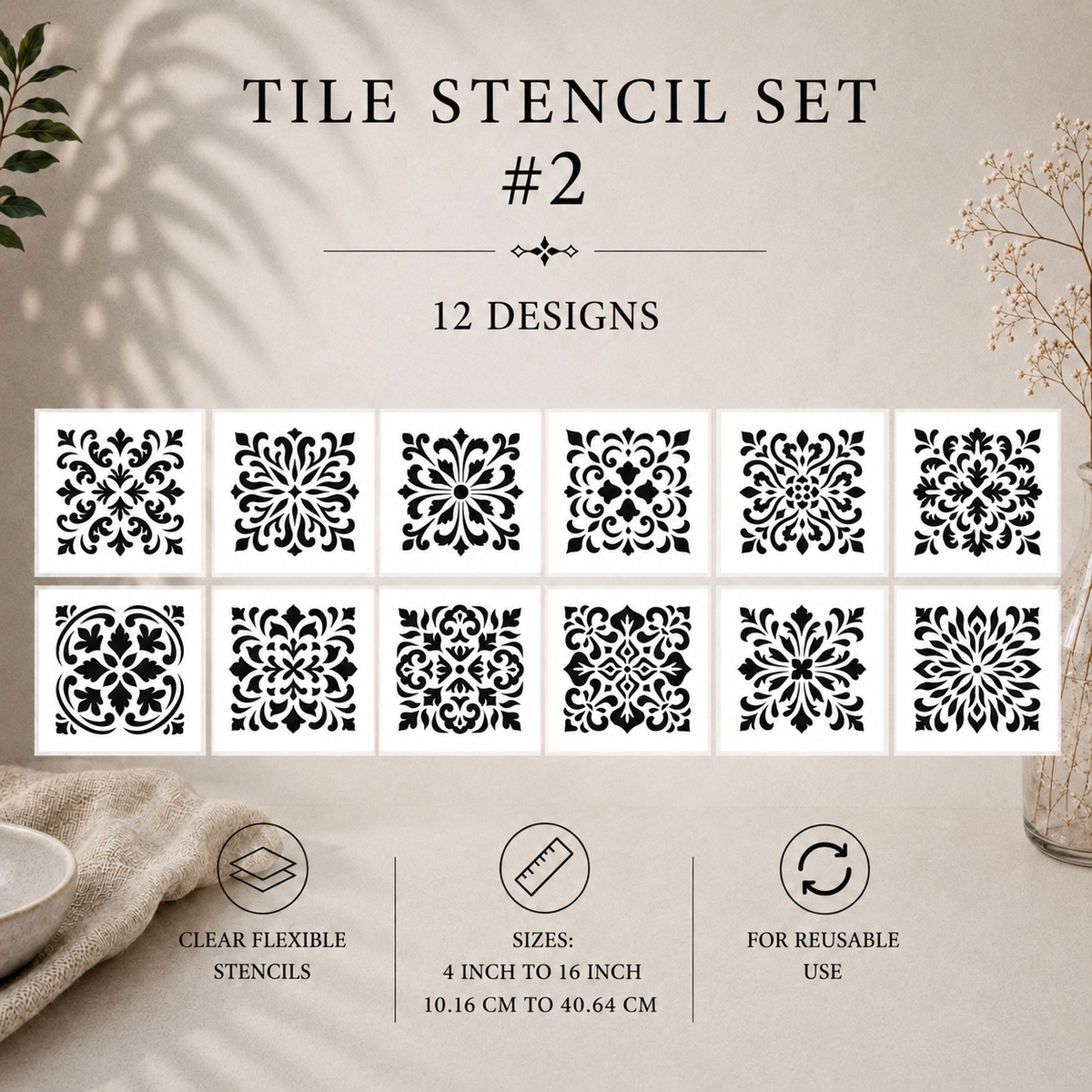 Tile Stencils | Reusable Flexible Floor & Wall Stencils | 48 Designs, 4 Sets | 4x4 to 16x16 Inch, DIY, home decor, painting, art, craft.