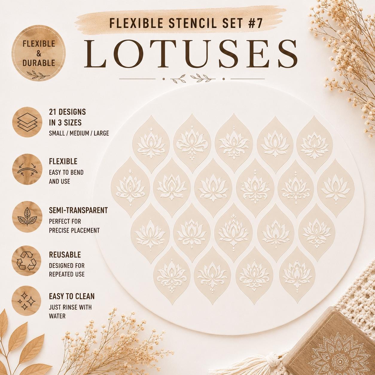 Lotus-Schablonen-Set #7 | Wiederverwendbare flexible Kunststoffschablonen | Halbtransparente Mandala-Vorlagen | Punktmalerei | 21 Designs/3 Größen | DIY