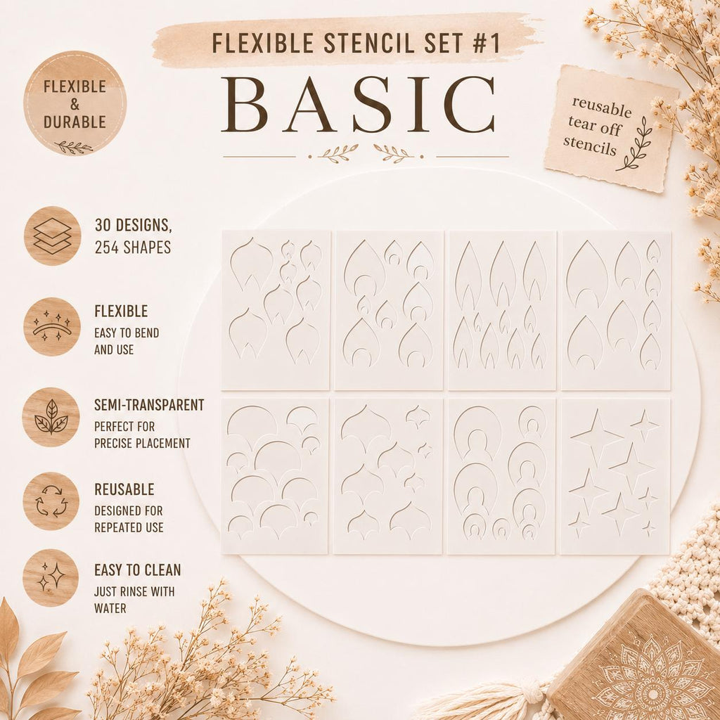 Flexibles Schablonen-Set #1: 30 Designs, 254 Formen. Wiederverwendbare Schablonen für Malerei, Mandalas & DIY, Geometrische Muster, Dot Painting Werkzeuge, Zubehör