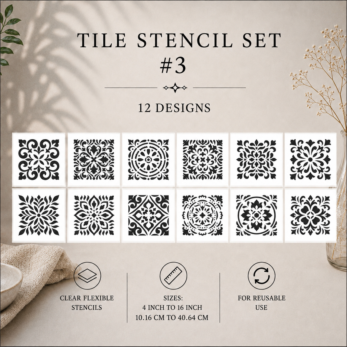 Tile Stencils | Reusable Flexible Floor & Wall Stencils | 48 Designs, 4 Sets | 4x4 to 16x16 Inch, DIY, home decor, painting, art, craft.
