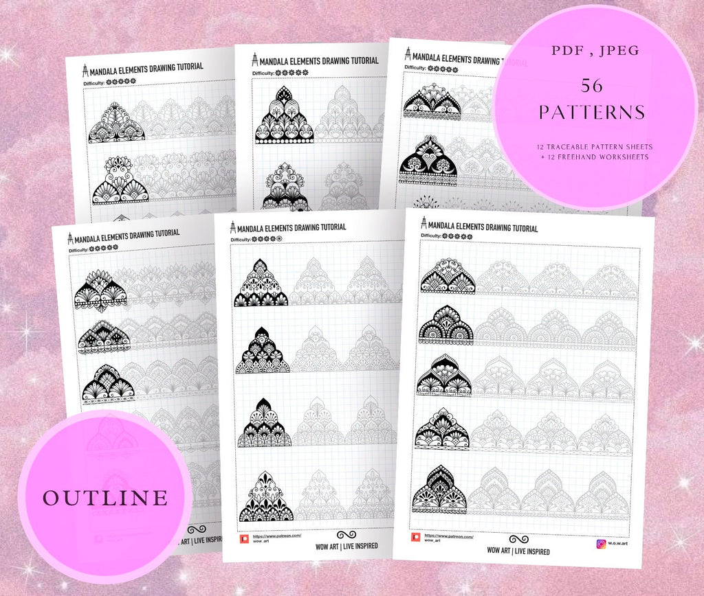 8. Übungsblätter für mehrreihige Muster! Pdf, Jpeg. Mandala-Kunst, Ornamente, digitales Papier, sofortige Downloads, handgemacht, Kunsttherapie, Kalligrafie