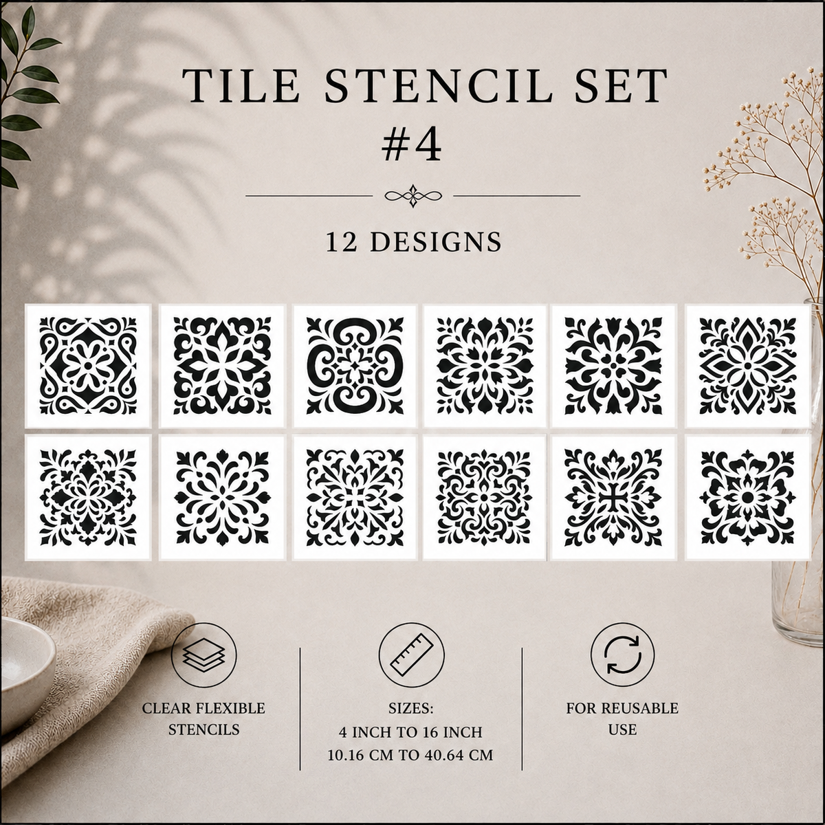Tile Stencils | Reusable Flexible Floor & Wall Stencils | 48 Designs, 4 Sets | 4x4 to 16x16 Inch, DIY, home decor, painting, art, craft.