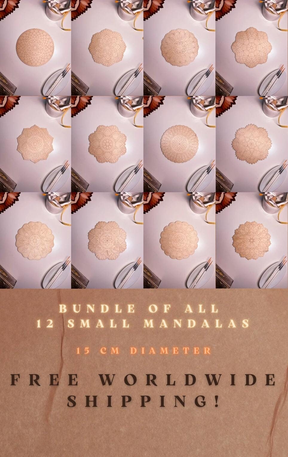 Set aus allen 12 kleinen Holz-Mandalas zum Ausmalen, 15 cm, Kunsttherapie, DIY-Basteln, Ausmalen für Erwachsene, Wandkunst, Malerei, Heimdekoration, Ausmalbretter