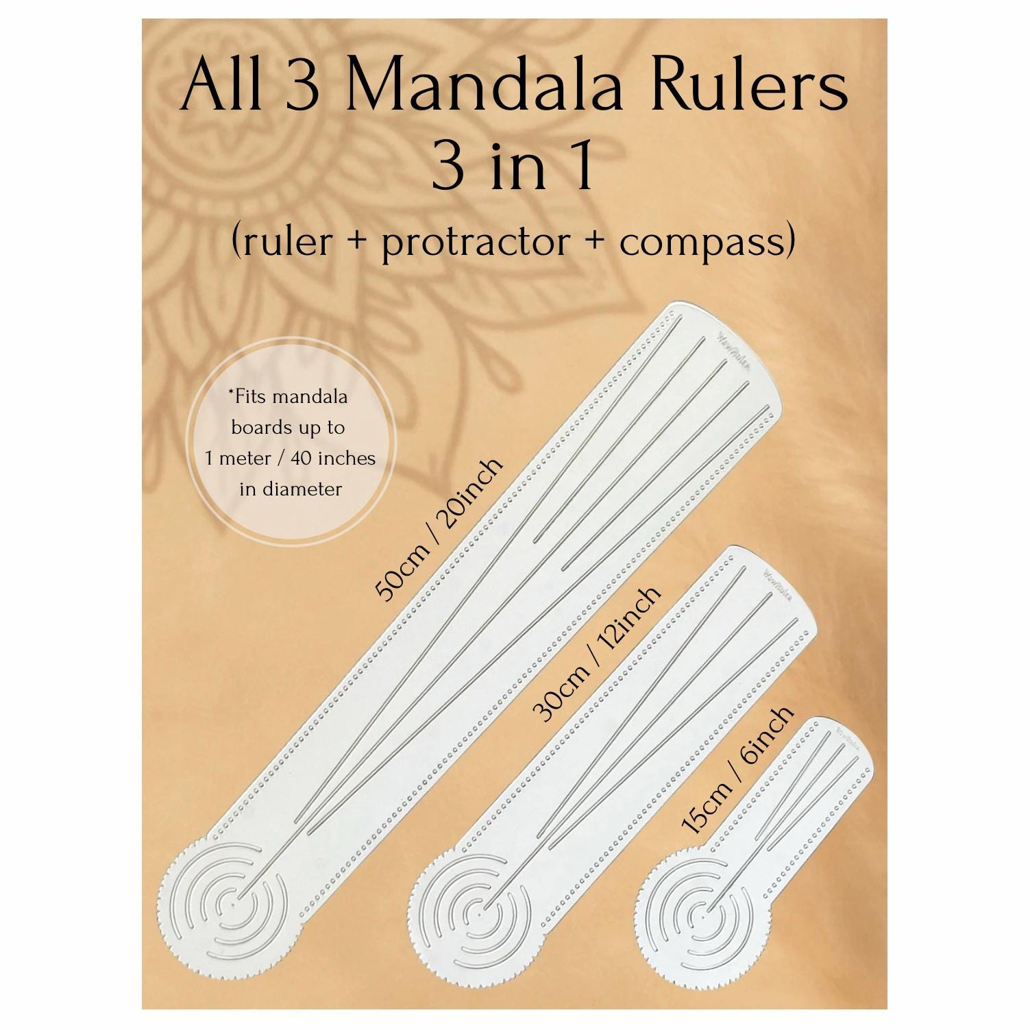 Mandala WOW Lineal 3-in-1 Zirkel + Winkelmesser + Lineal, Punkt-Mandala-Werkzeug, Schablone für Mandala-Kunst, D30cm/12 Zoll. D60cm/24 Zoll. D100cm/40 Zoll.