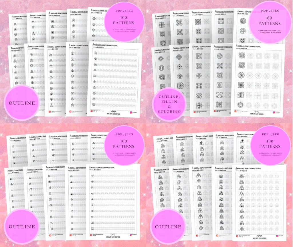 ALLE 22 Mustersätze und Übungsblätter in einem Paket! Pdf,jpeg. Mandala-Kunst, Sofort-Downloads, Lettering, Kunsttherapie, Kalligrafie, Zeichnen