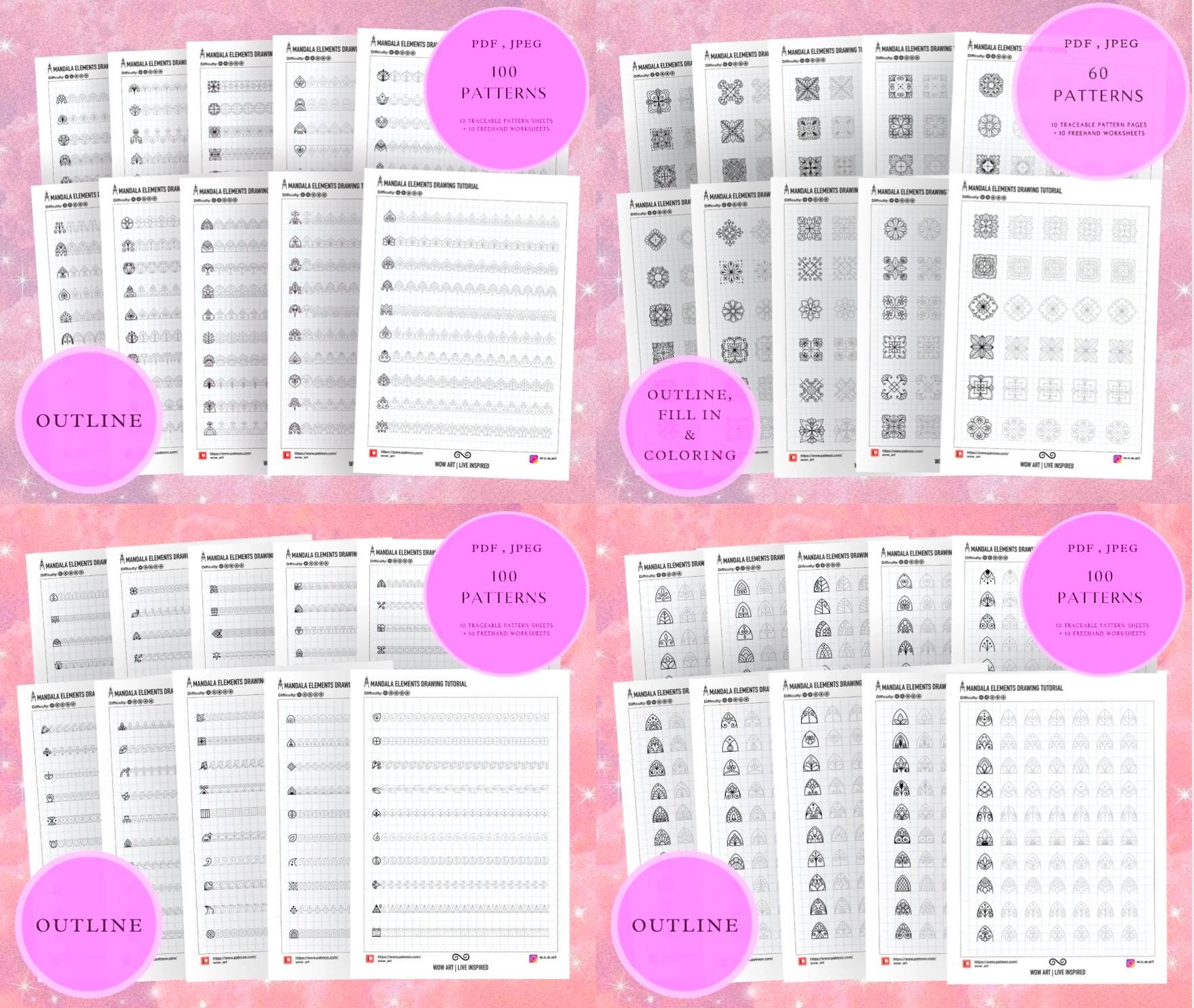 ALLE 22 Mustersätze und Übungsblätter in einem Paket! Pdf,jpeg. Mandala-Kunst, Sofort-Downloads, Lettering, Kunsttherapie, Kalligrafie, Zeichnen