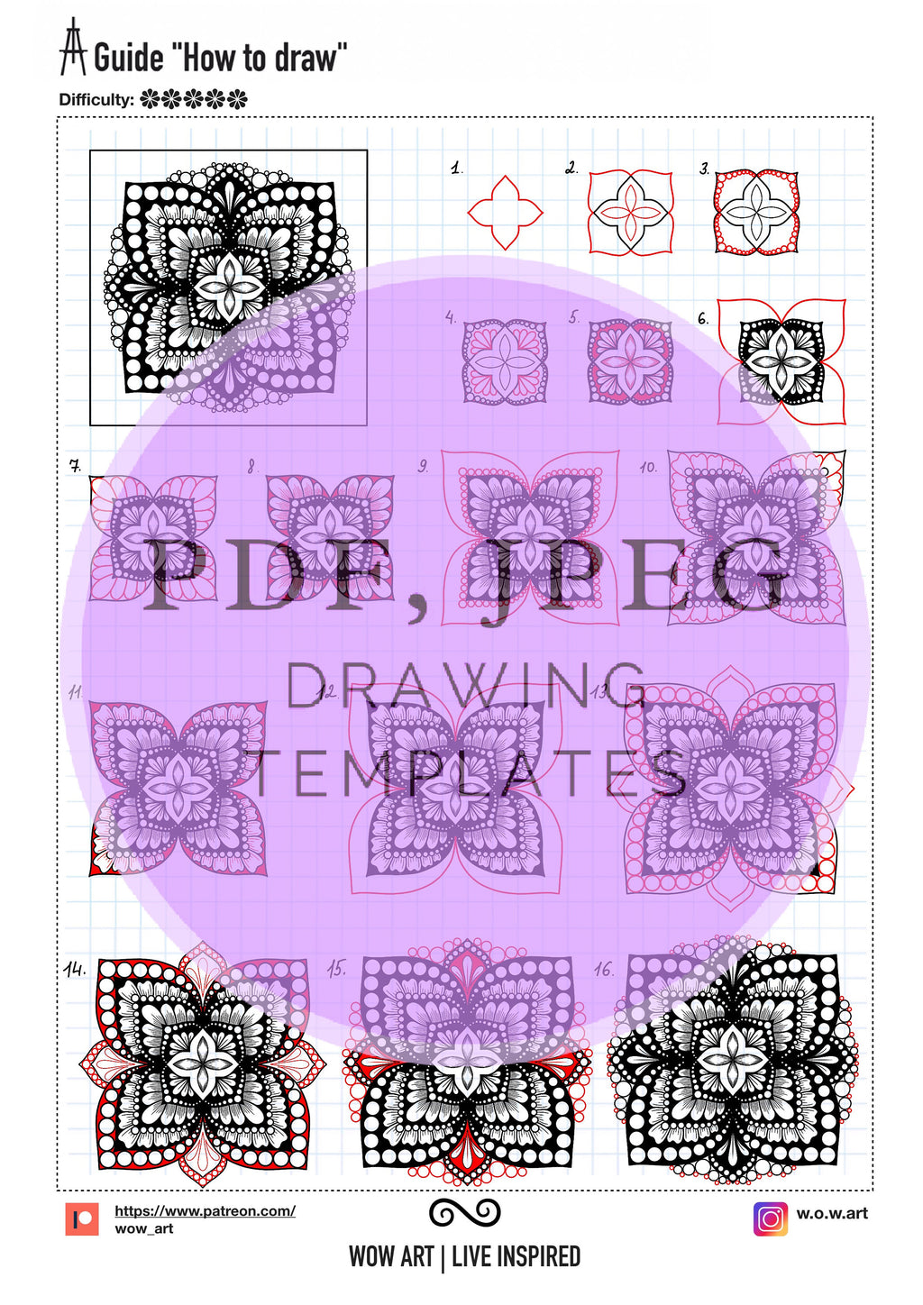 12 Kunst-Anleitungen „Wie man zeichnet“ mit aufwendigen zentralen Mandala-Mustern und Übungsblättern zum Umreißen und Ausfüllen. PDF, JPEG. Mandala-Kunst.