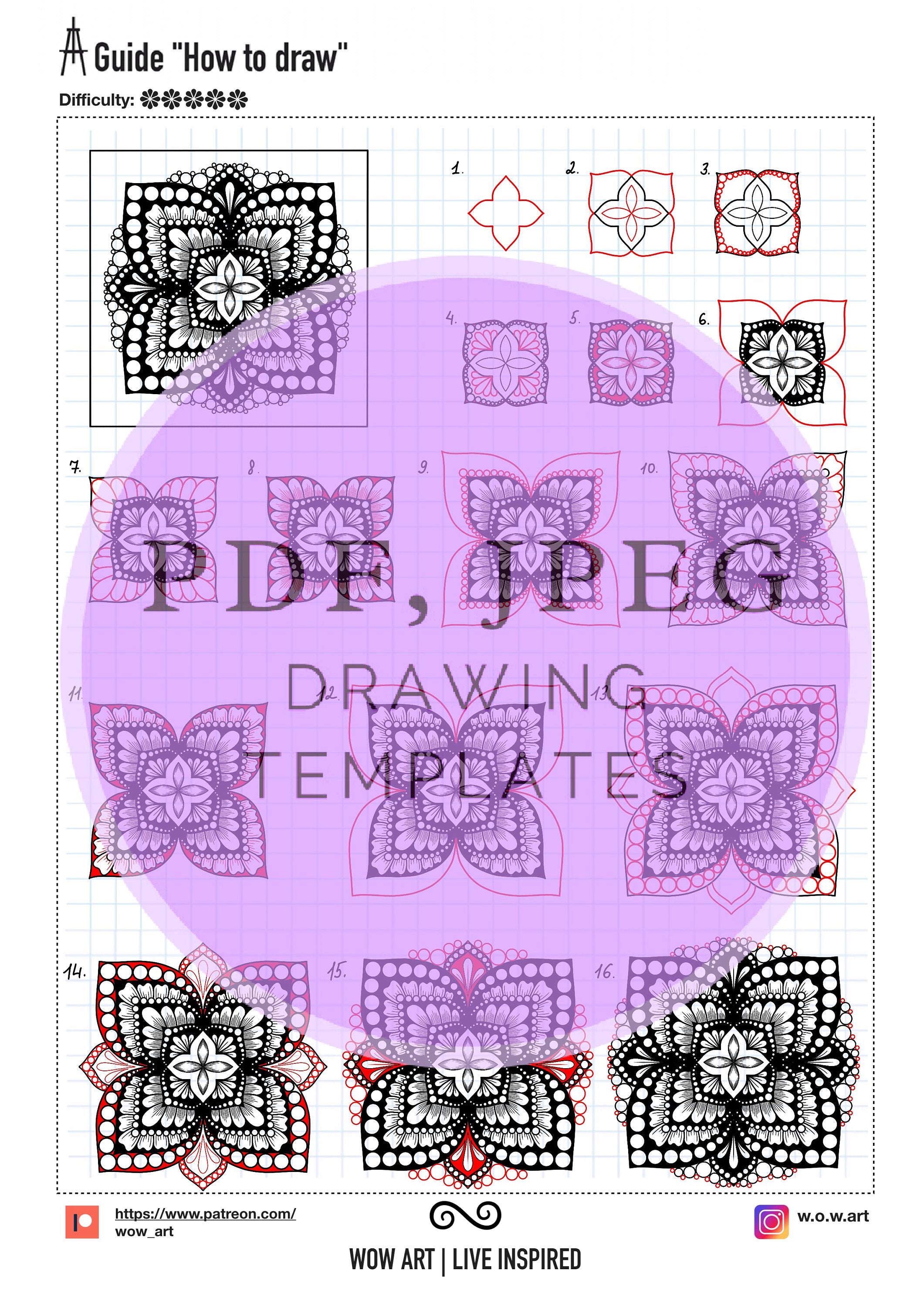 12 Kunst-Anleitungen „Wie man zeichnet“ mit aufwendigen zentralen Mandala-Mustern und Übungsblättern zum Umreißen und Ausfüllen. PDF, JPEG. Mandala-Kunst.