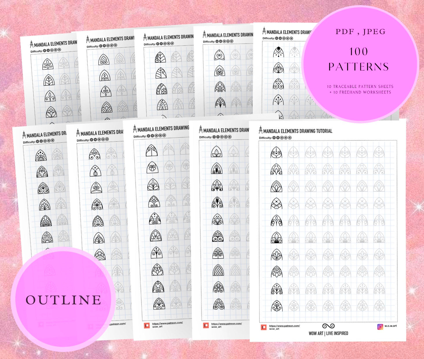 20. Leichte grundlegende Blütenblattmuster-Übungsblätter! Pdf, jpeg. Mandala-Kunst, digitales Papier, Sofort-Downloads, handgemacht, Kunsttherapie, Kalligrafie