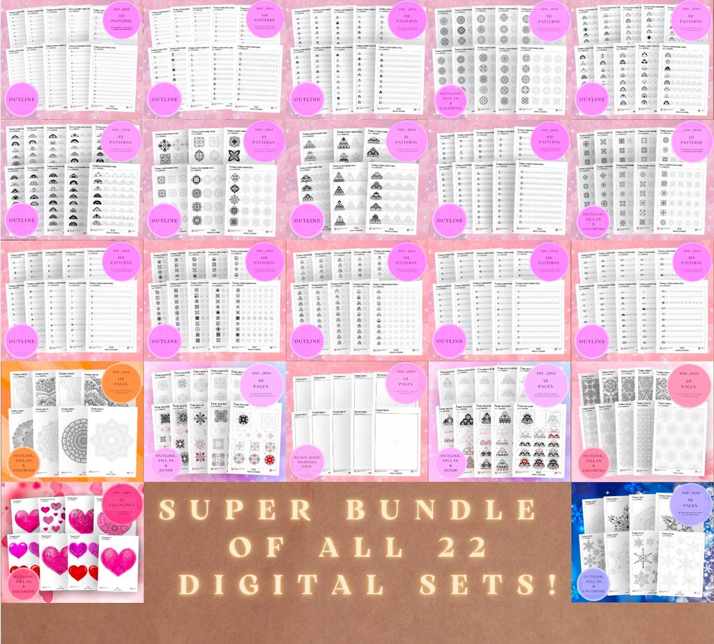 ALLE 22 Mustersätze und Übungsblätter in einem Paket! Pdf,jpeg. Mandala-Kunst, Sofort-Downloads, Lettering, Kunsttherapie, Kalligrafie, Zeichnen