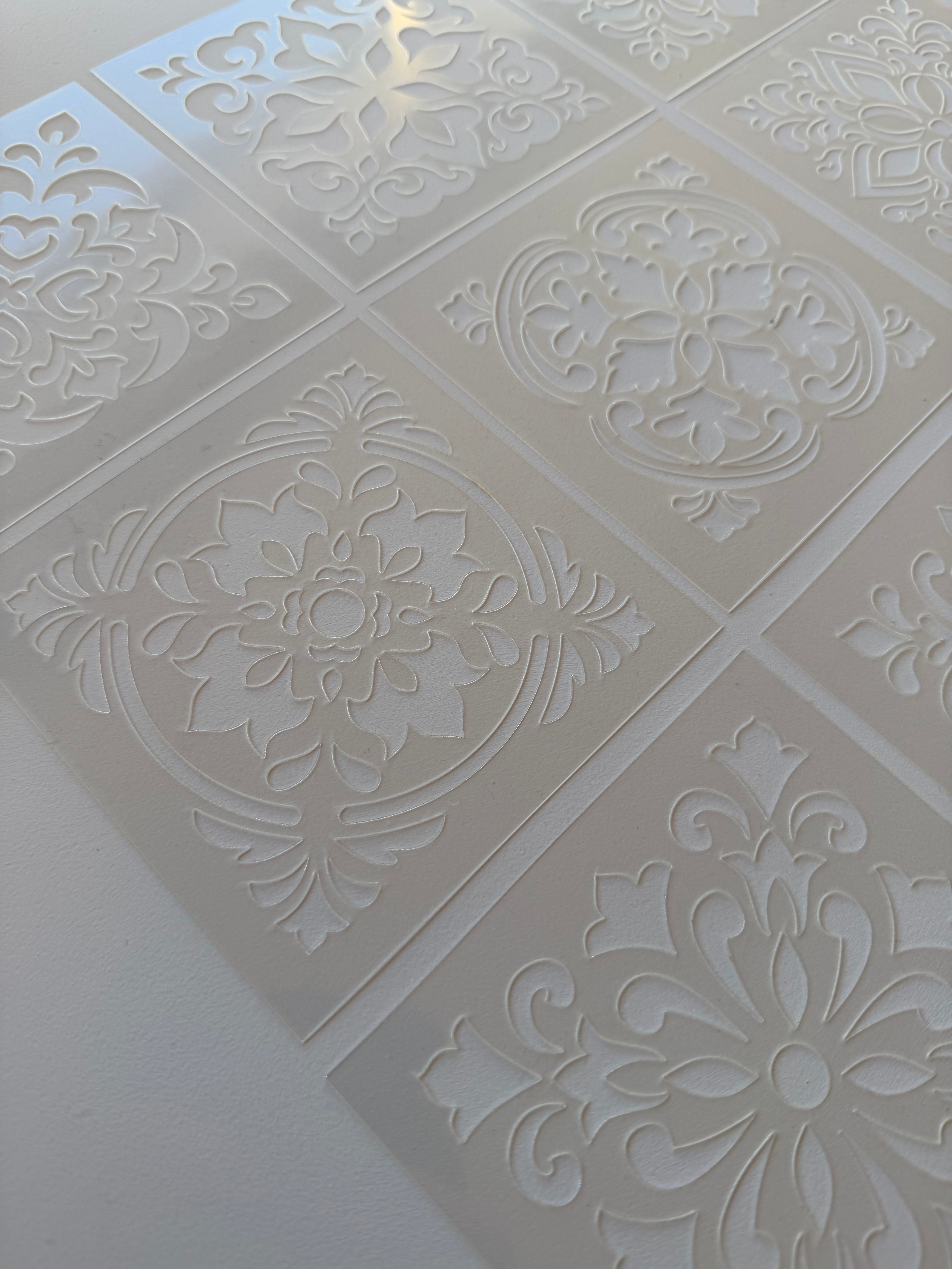 Tile Stencils | Reusable Flexible Floor & Wall Stencils | 48 Designs, 4 Sets | 4x4 to 16x16 Inch, DIY, home decor, painting, art, craft.