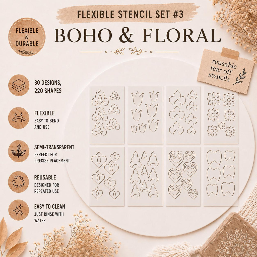Flexibles Schablonen-Set #3: 30 Boho- & Blumen-Designs, 220 Formen | Wiederverwendbare Schablonen für Mandala, Dot Painting, DIY, Basteln, Zeichnen, Dekor