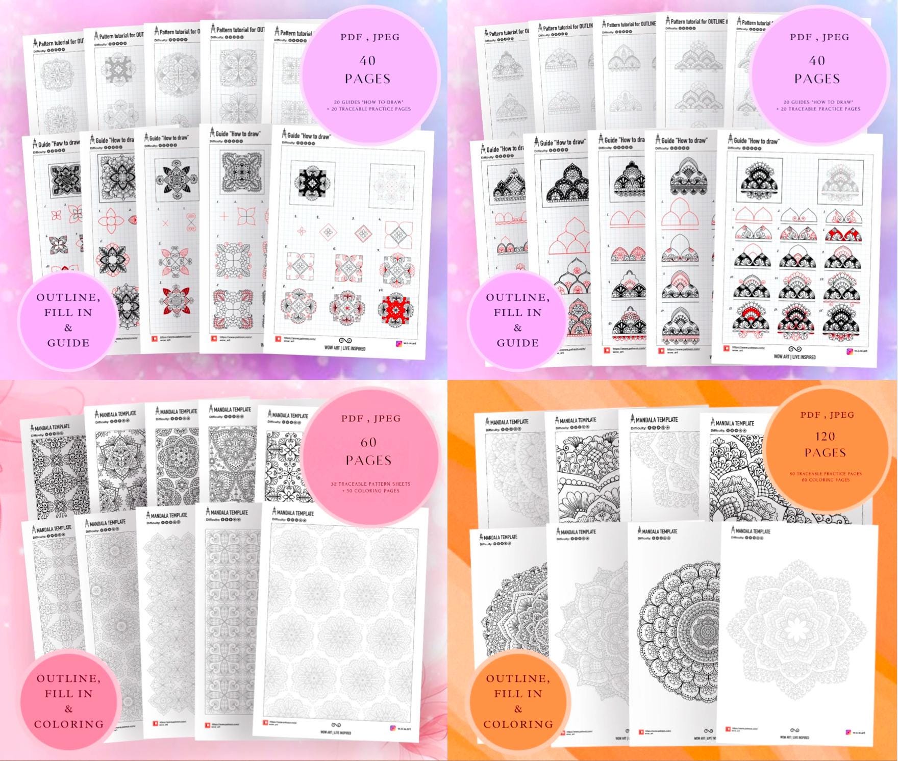 ALLE 22 Mustersätze und Übungsblätter in einem Paket! Pdf,jpeg. Mandala-Kunst, Sofort-Downloads, Lettering, Kunsttherapie, Kalligrafie, Zeichnen