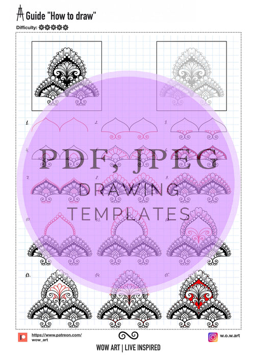 13.Art Guides "How to draw" with an intricate multi-row mandala pattern designs+practice sheets for OUTLINE and Fill In.PDF,JPEG.Mandala art