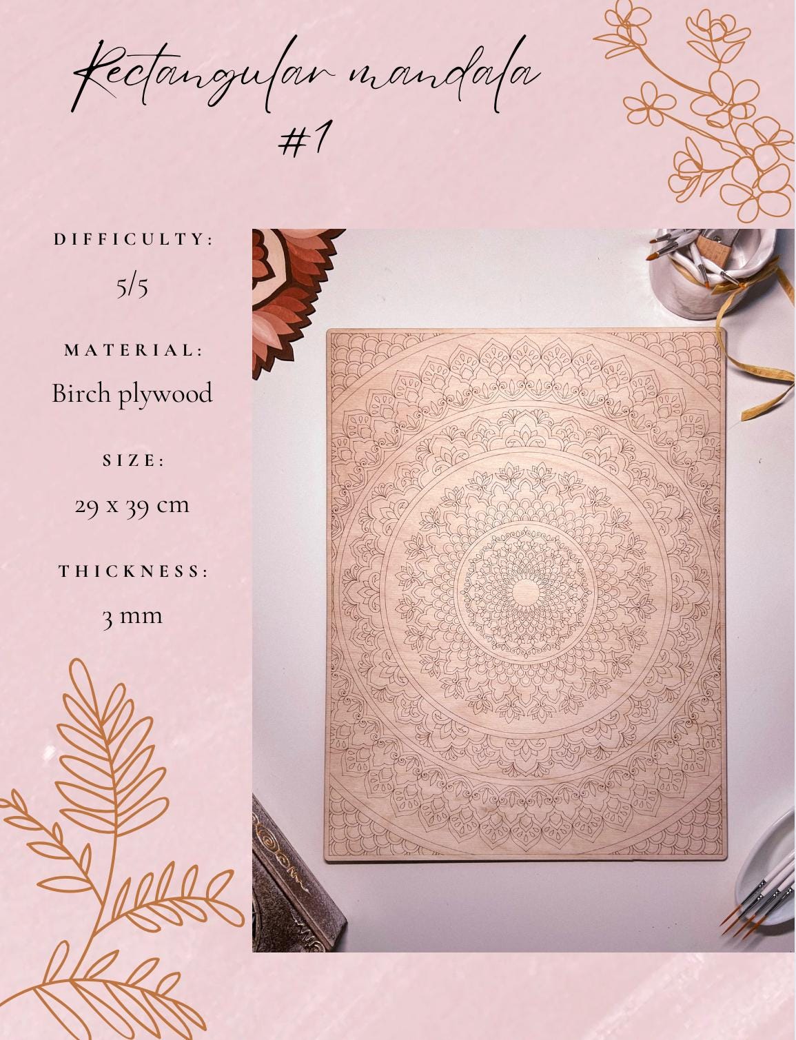 Bündel aller 5 rechteckigen Holzmandala zum Ausmalen, Kunsttherapie, DIY-Basteln, Ausmalen für Erwachsene, Wandkunst, Malen, Heimdekoration, Ausmalbretter