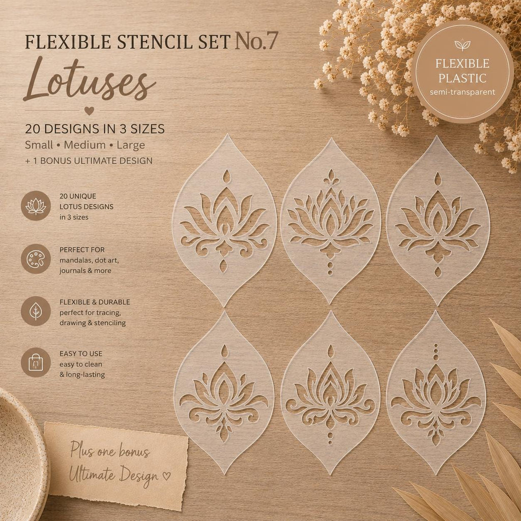 Lotus-Schablonen-Set #7 | Wiederverwendbare flexible Kunststoffschablonen | Halbtransparente Mandala-Vorlagen | Punktmalerei | 21 Designs/3 Größen | DIY