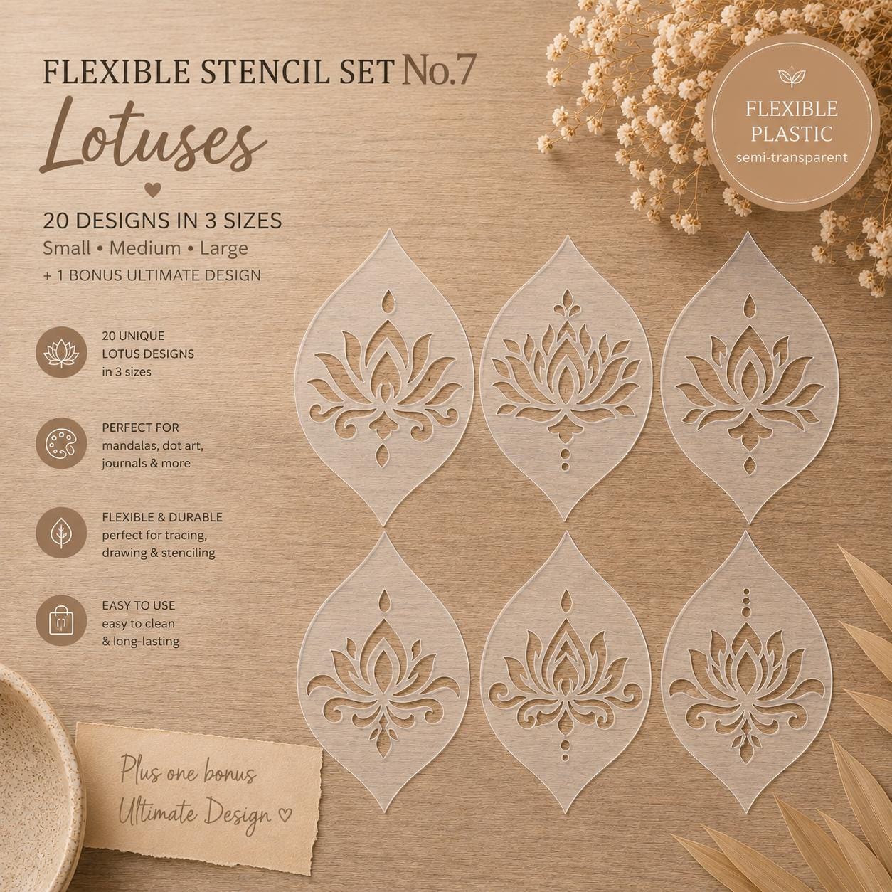 Lotus-Schablonen-Set #7 | Wiederverwendbare flexible Kunststoffschablonen | Halbtransparente Mandala-Vorlagen | Punktmalerei | 21 Designs/3 Größen | DIY