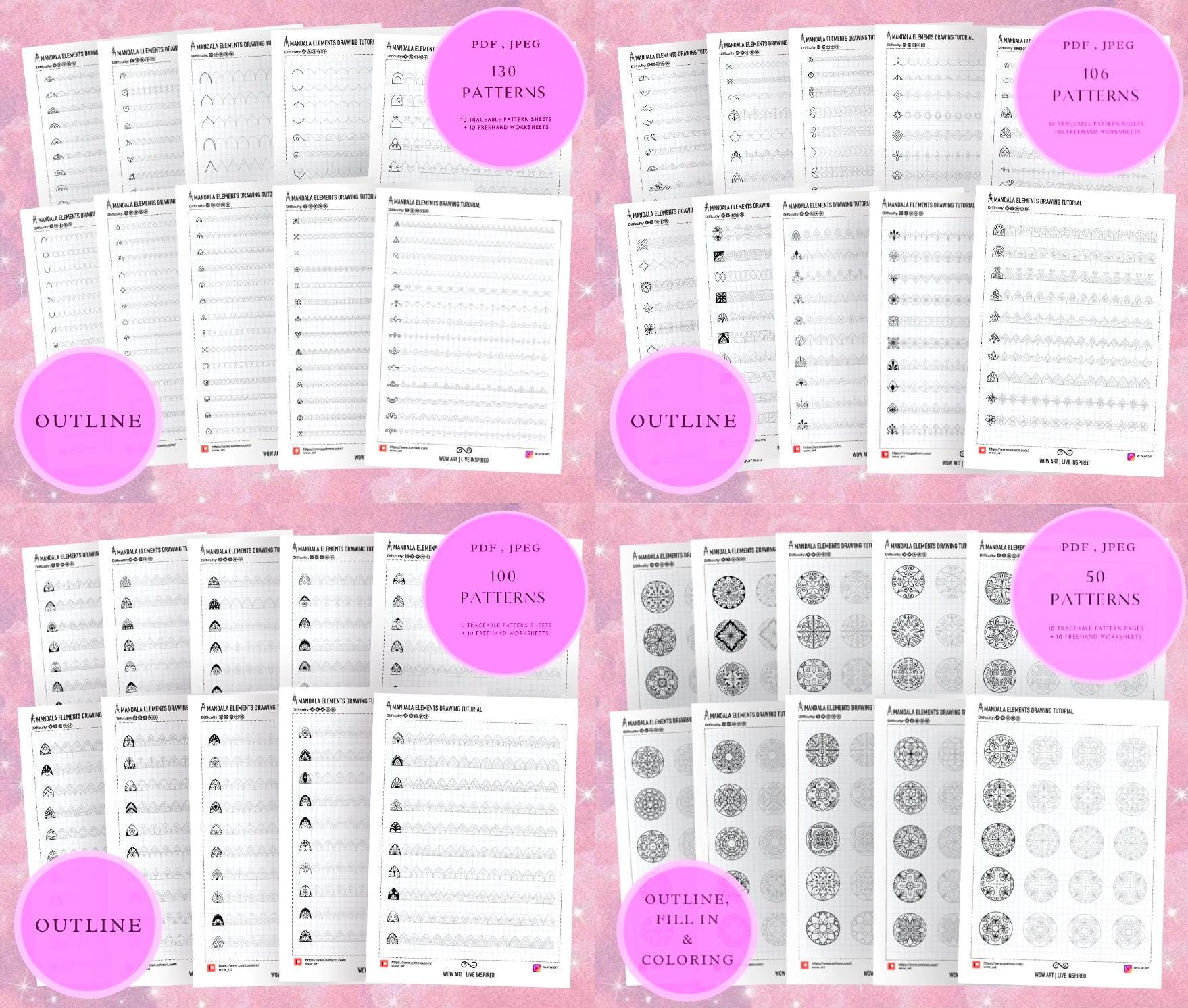 ALLE 22 Mustersätze und Übungsblätter in einem Paket! Pdf,jpeg. Mandala-Kunst, Sofort-Downloads, Lettering, Kunsttherapie, Kalligrafie, Zeichnen