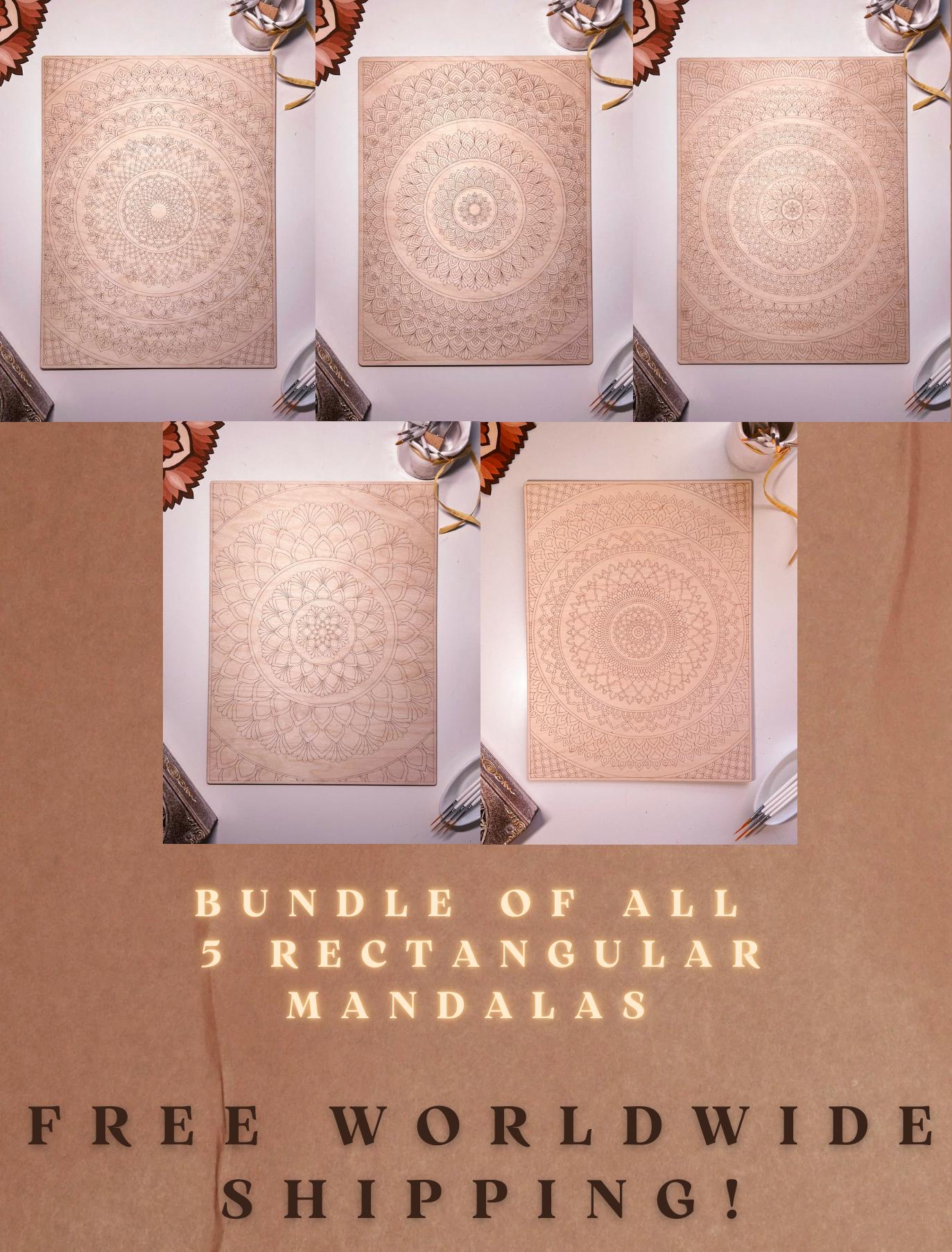 Bündel aller 5 rechteckigen Holzmandala zum Ausmalen, Kunsttherapie, DIY-Basteln, Ausmalen für Erwachsene, Wandkunst, Malen, Heimdekoration, Ausmalbretter