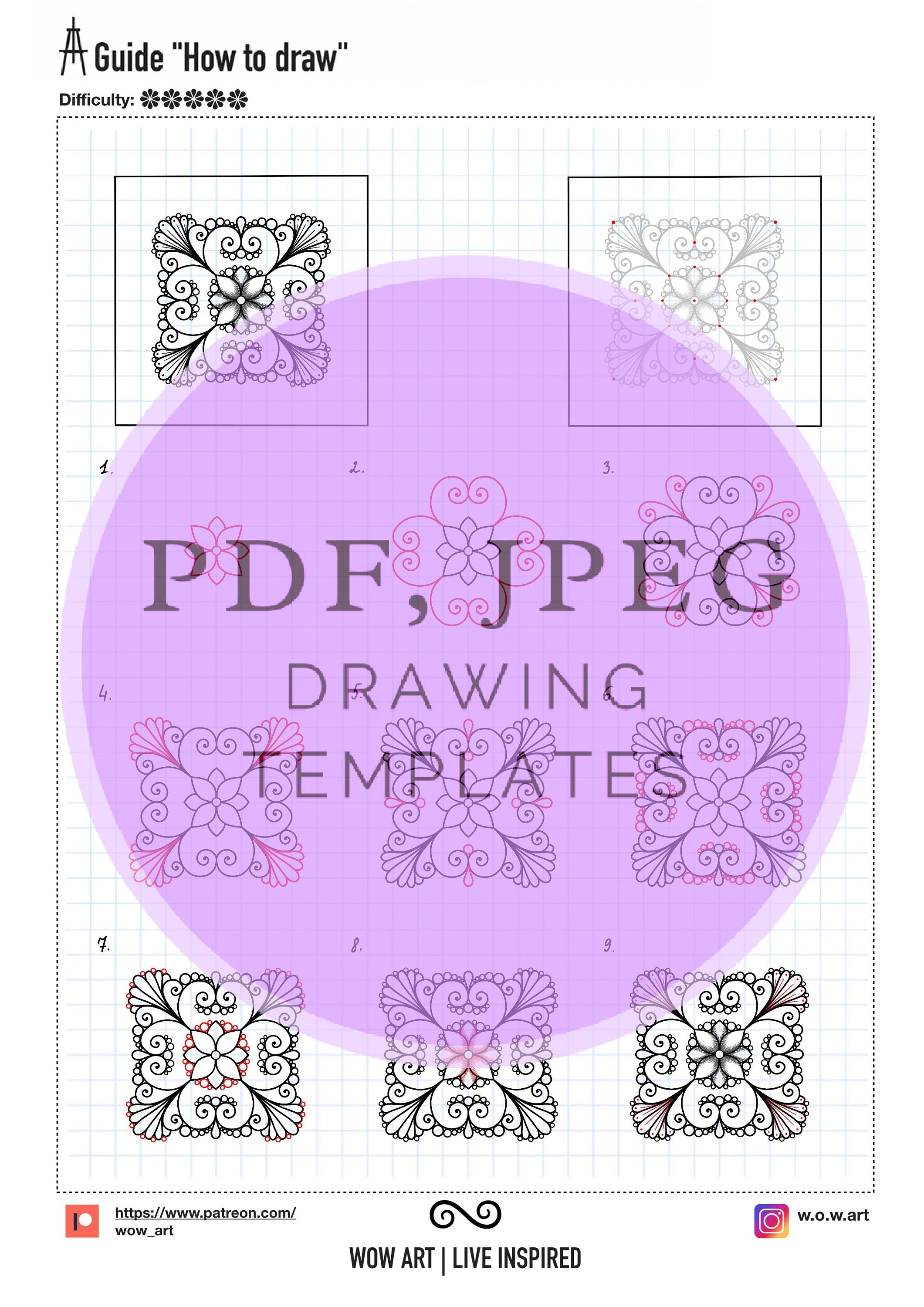 12 Kunst-Anleitungen „Wie man zeichnet“ mit aufwendigen zentralen Mandala-Mustern und Übungsblättern zum Umreißen und Ausfüllen. PDF, JPEG. Mandala-Kunst.