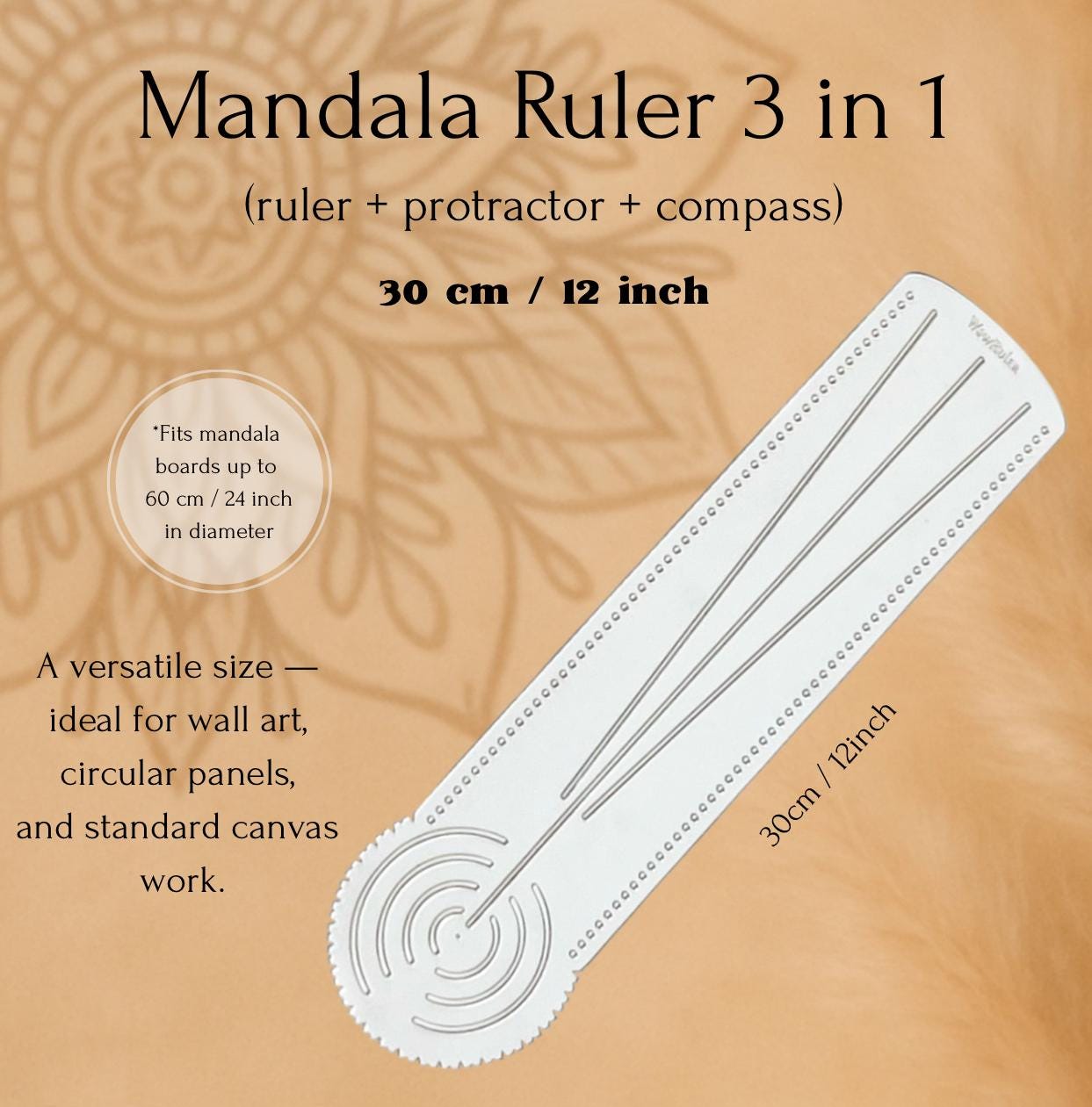 Mandala WOW Lineal 3-in-1 Zirkel + Winkelmesser + Lineal, Punkt-Mandala-Werkzeug, Schablone für Mandala-Kunst, D30cm/12 Zoll. D60cm/24 Zoll. D100cm/40 Zoll.