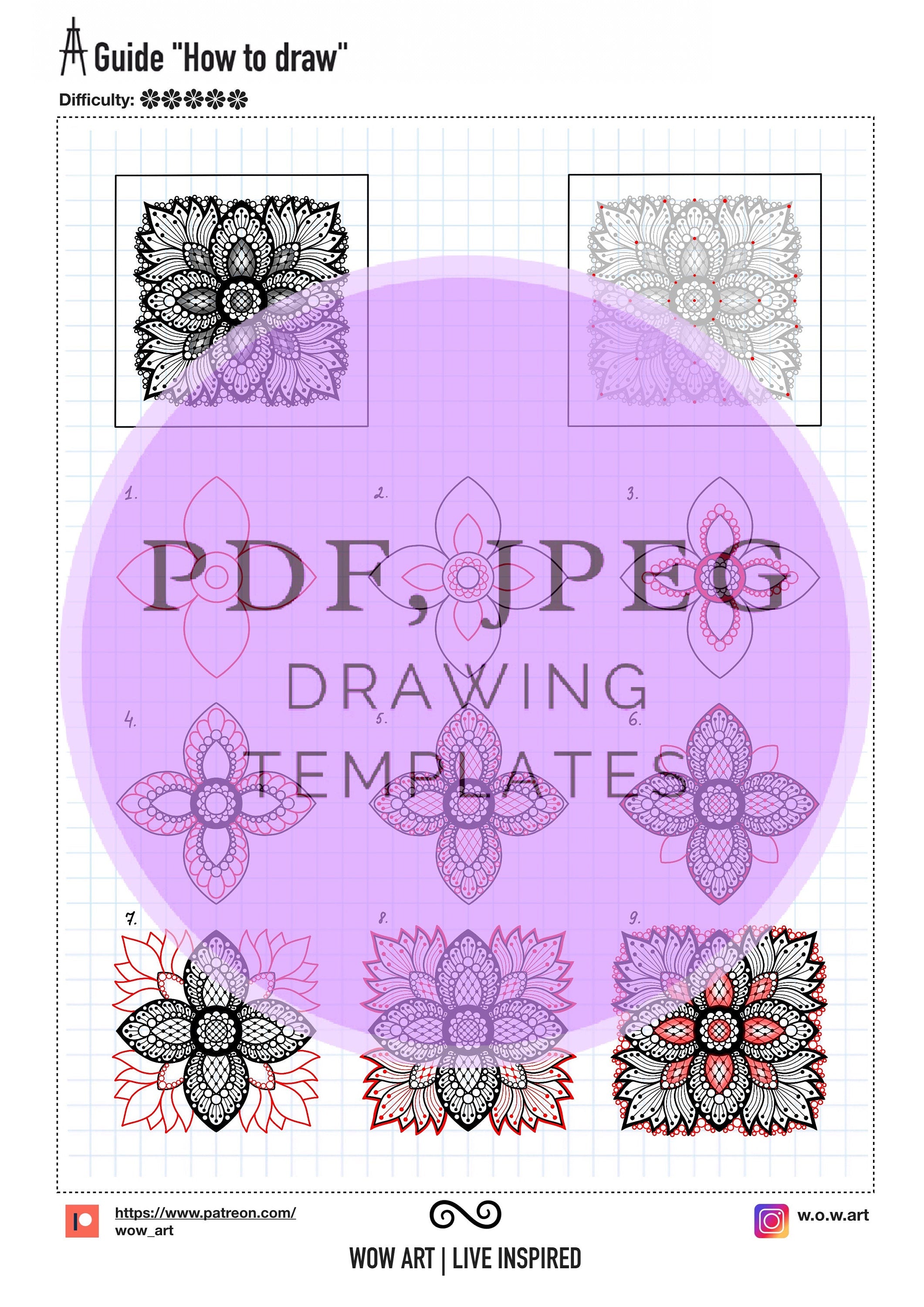 12 Kunst-Anleitungen „Wie man zeichnet“ mit aufwendigen zentralen Mandala-Mustern und Übungsblättern zum Umreißen und Ausfüllen. PDF, JPEG. Mandala-Kunst.