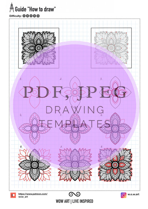 12.Art Guides "How to draw" with an intricate central mandala pattern designs+practice sheets for OUTLINE and Fill In. PDF,JPEG.Mandala art.