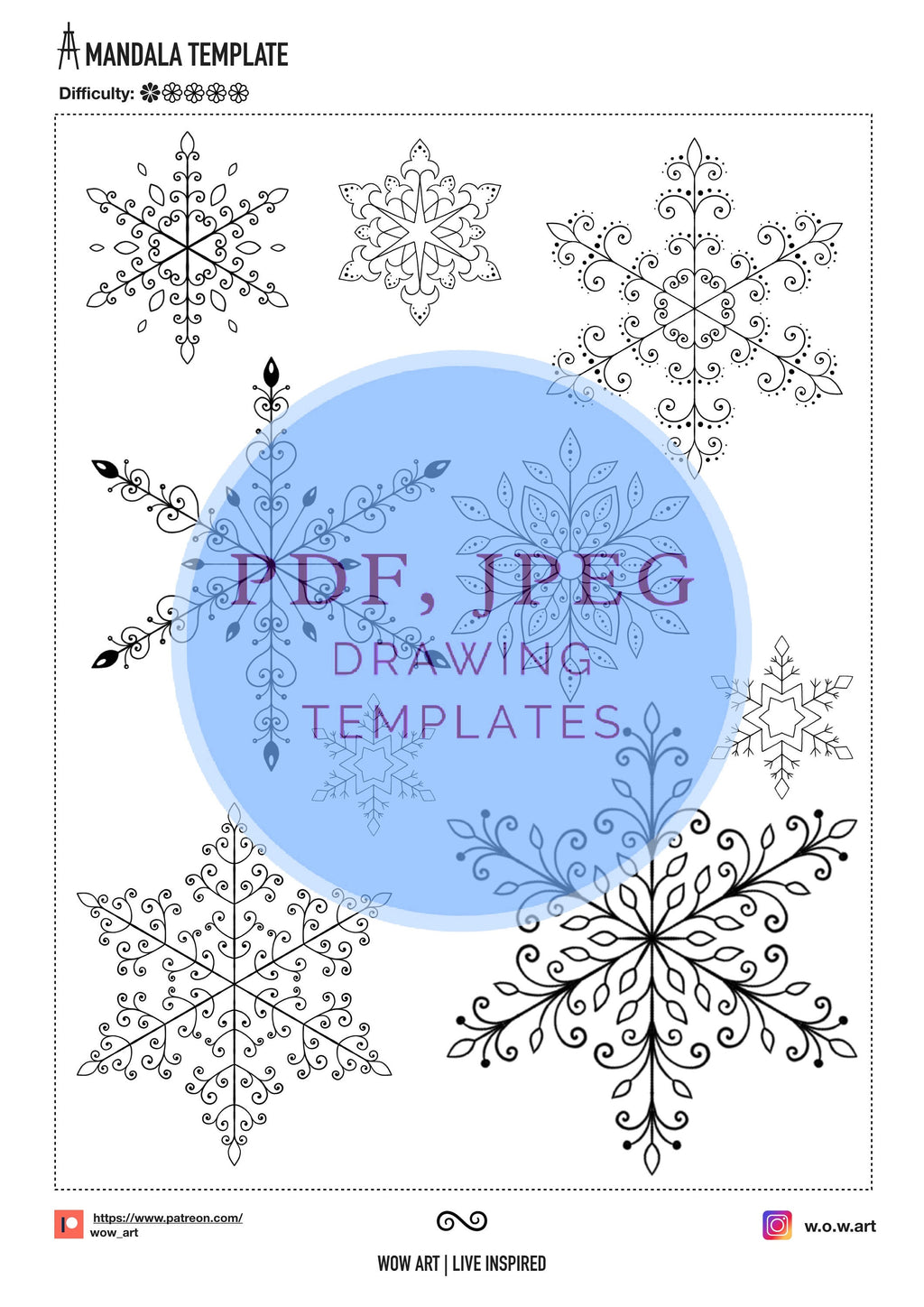 18 Schneeflocken-Mandalas zum Nachzeichnen und Ausmalen, jpeg, pdf. Digitalpapier, sofortiger Download, Malvorlage, Kunsttherapie, Kalligrafie, Scrapbooking