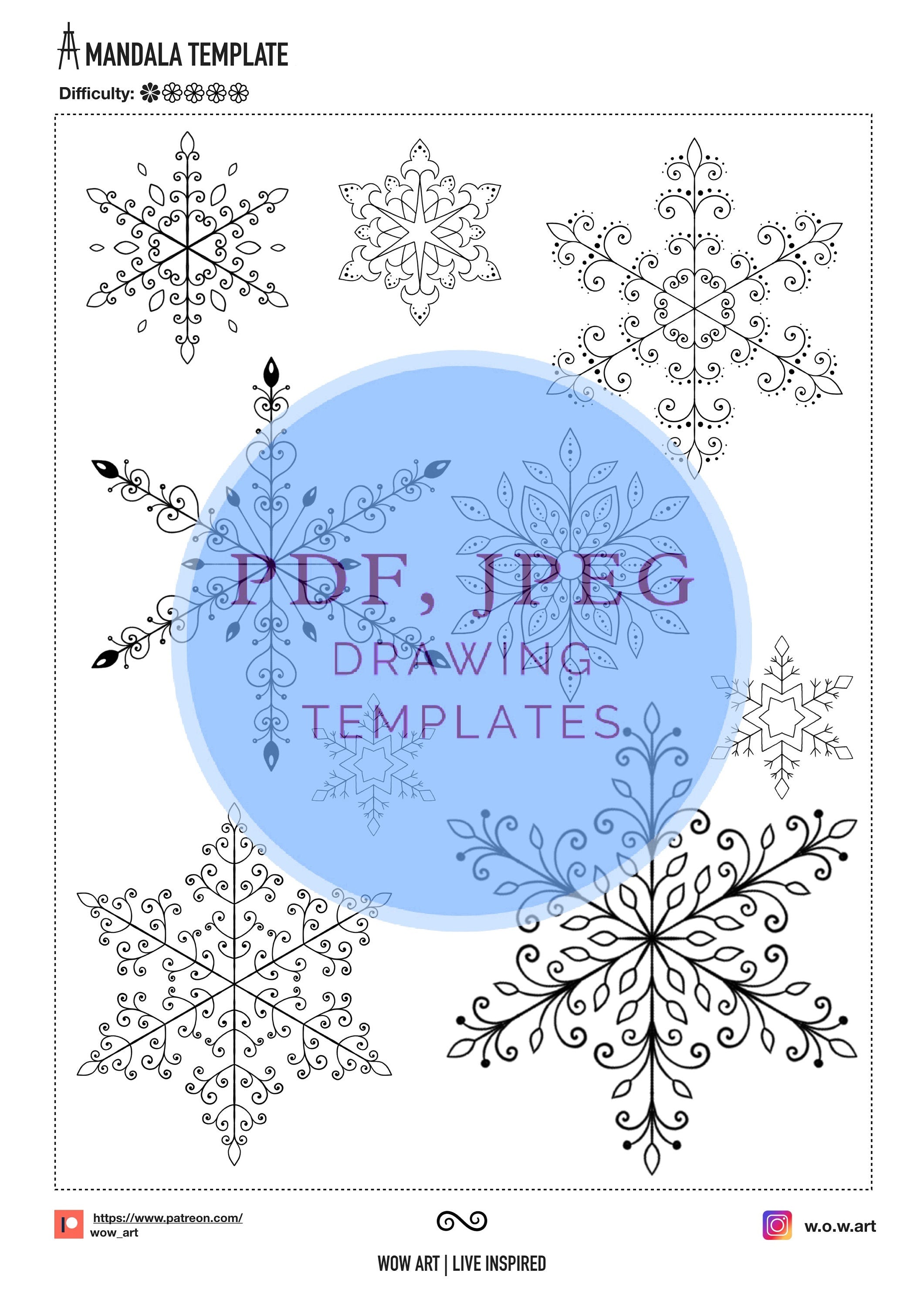 18 Schneeflocken-Mandalas zum Nachzeichnen und Ausmalen, jpeg, pdf. Digitalpapier, sofortiger Download, Malvorlage, Kunsttherapie, Kalligrafie, Scrapbooking