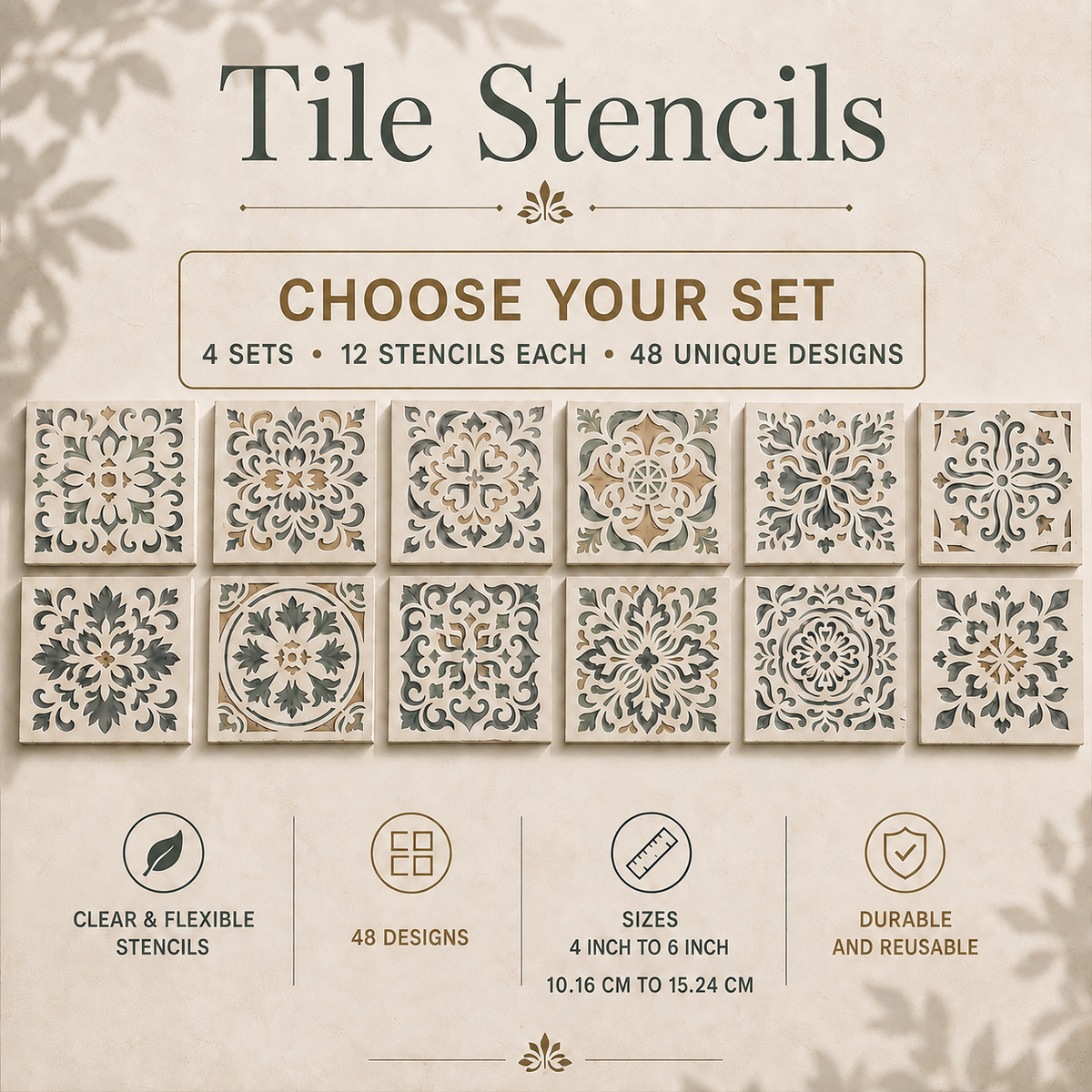 Tile Stencils | Reusable Flexible Floor & Wall Stencils | 48 Designs, 4 Sets | 4x4 to 16x16 Inch, DIY, home decor, painting, art, craft.