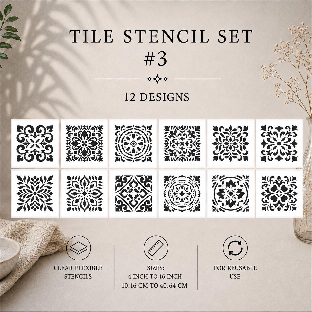 Tile Stencils | Reusable Flexible Floor & Wall Stencils | 48 Designs, 4 Sets | 4x4 to 16x16 Inch, DIY, home decor, painting, art, craft.