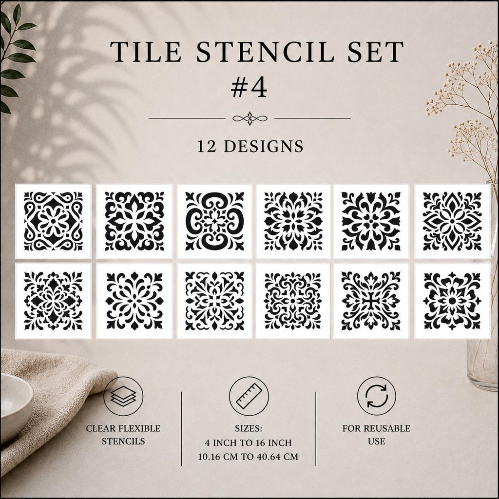 Tile Stencils | Reusable Flexible Floor & Wall Stencils | 48 Designs, 4 Sets | 4x4 to 16x16 Inch, DIY, home decor, painting, art, craft.