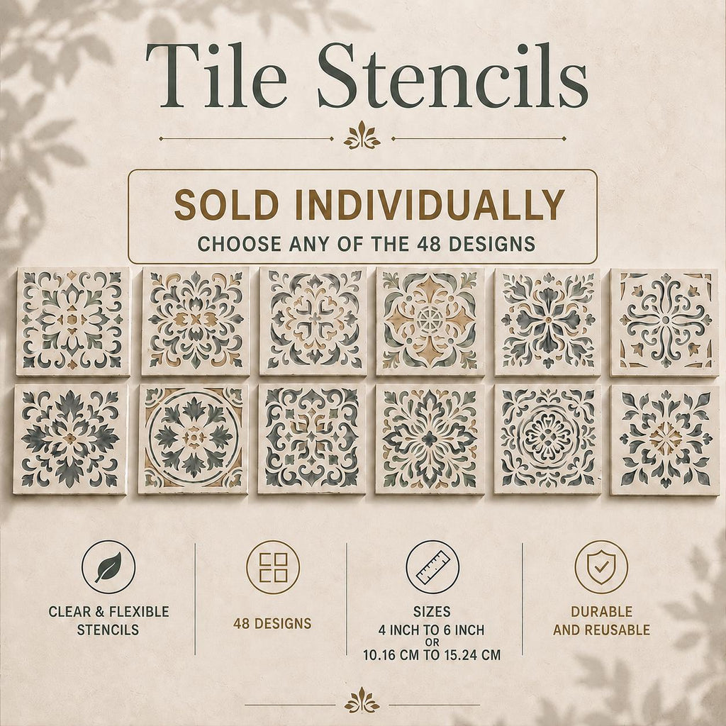 Tile Stencils | Reusable Flexible Floor & Wall Stencils | 48 Designs Sold Individually | 4x4 to 16x16 Inch | DIY Home Decor Painting Art