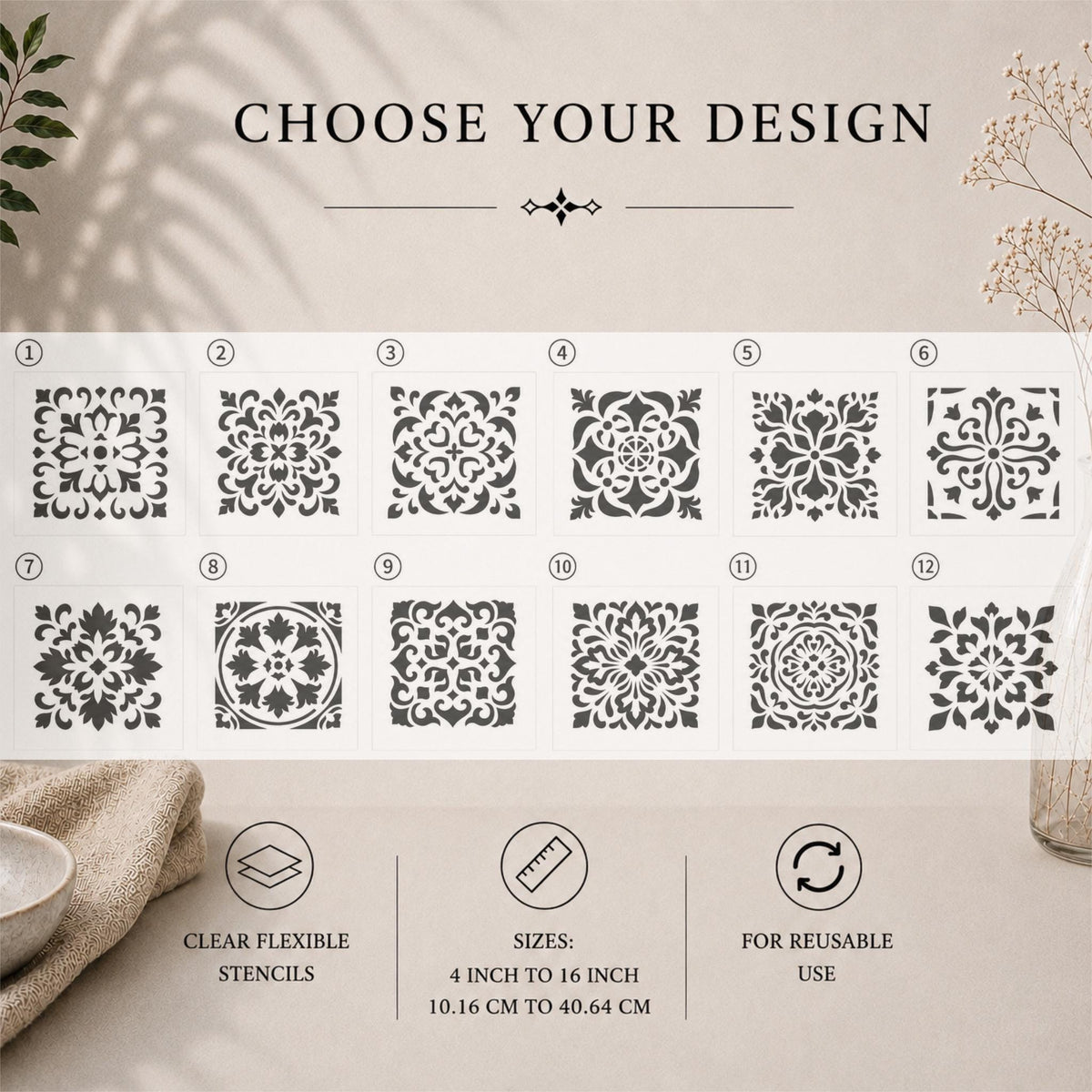 Tile Stencils | Reusable Flexible Floor & Wall Stencils | 48 Designs Sold Individually | 4x4 to 16x16 Inch | DIY Home Decor Painting Art