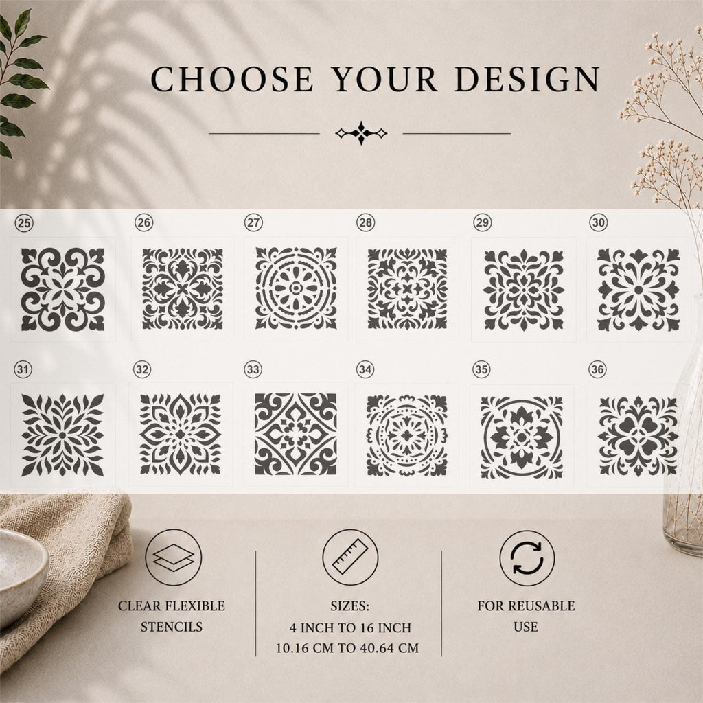 Tile Stencils | Reusable Flexible Floor & Wall Stencils | 48 Designs Sold Individually | 4x4 to 16x16 Inch | DIY Home Decor Painting Art