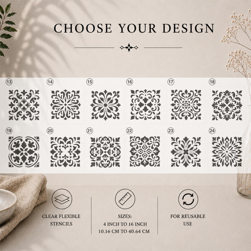 Tile Stencils | Reusable Flexible Floor & Wall Stencils | 48 Designs Sold Individually | 4x4 to 16x16 Inch | DIY Home Decor Painting Art