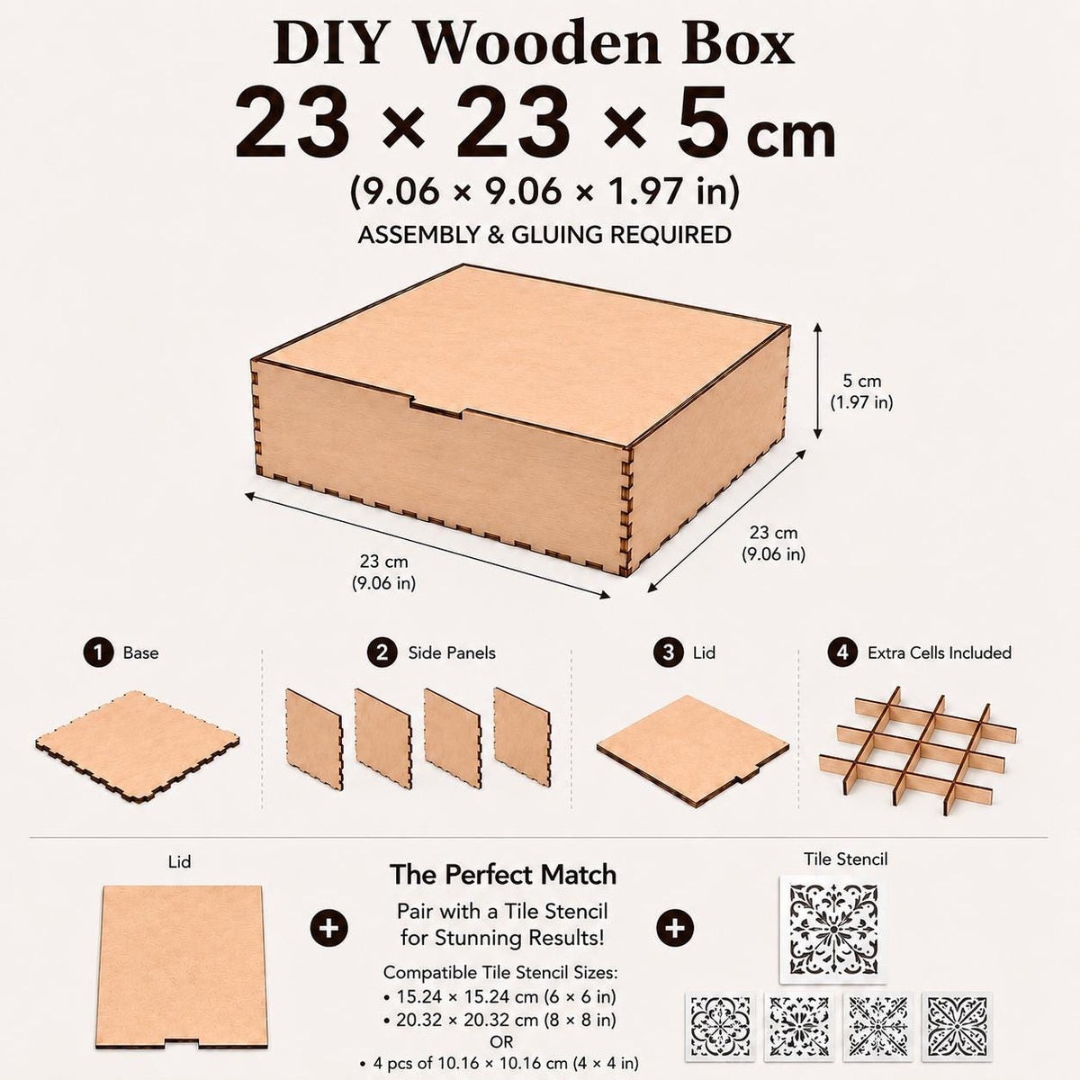 DIY Wooden Box Kit, Birch Plywood Box, Unfinished Wood Box, Craft Storage Box, Jewelry Box Blank, DIY Gift Box, Tile Stencil Box, Art