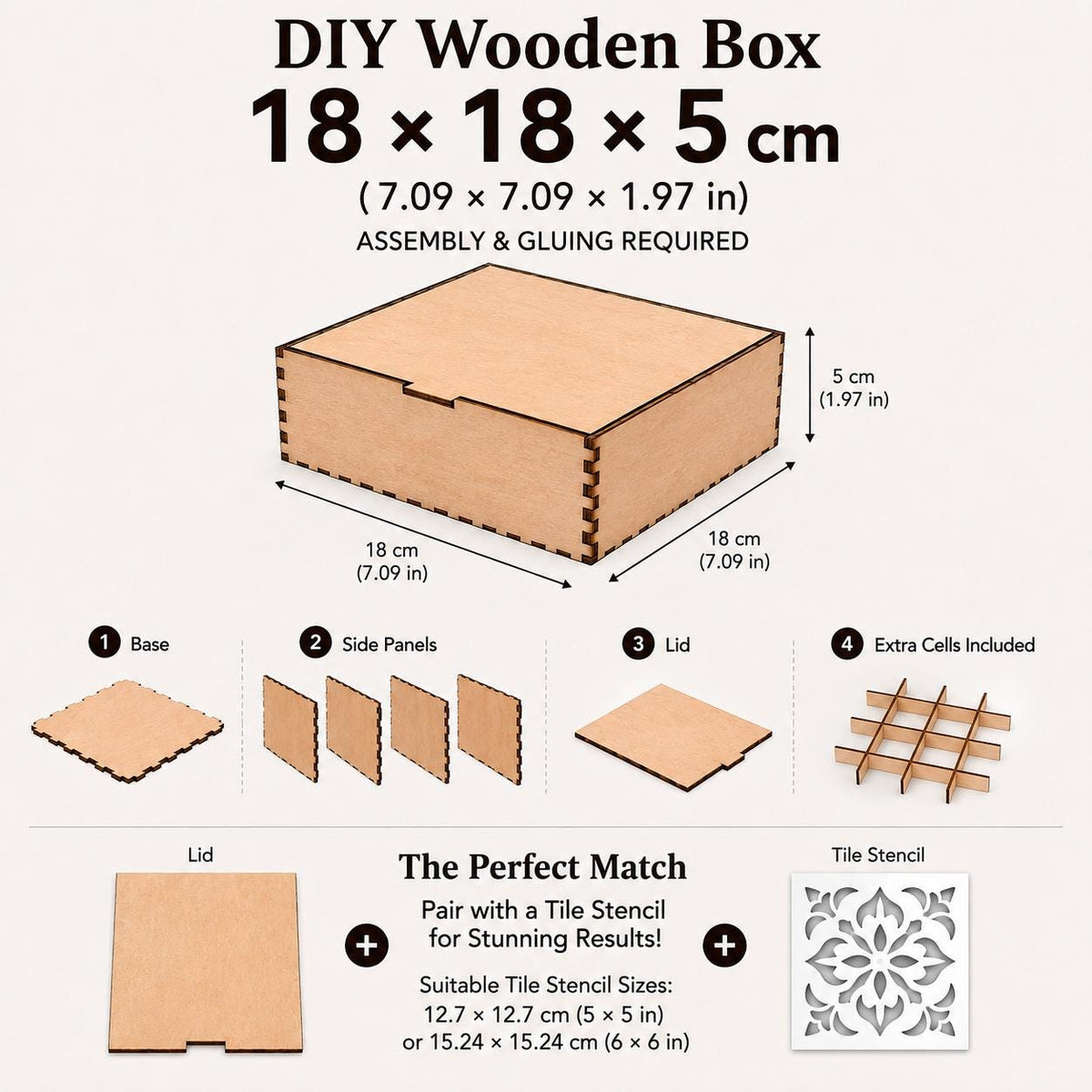 DIY Wooden Box Kit, Birch Plywood Box, Unfinished Wood Box, Craft Storage Box, Jewelry Box Blank, DIY Gift Box, Tile Stencil Box, Art