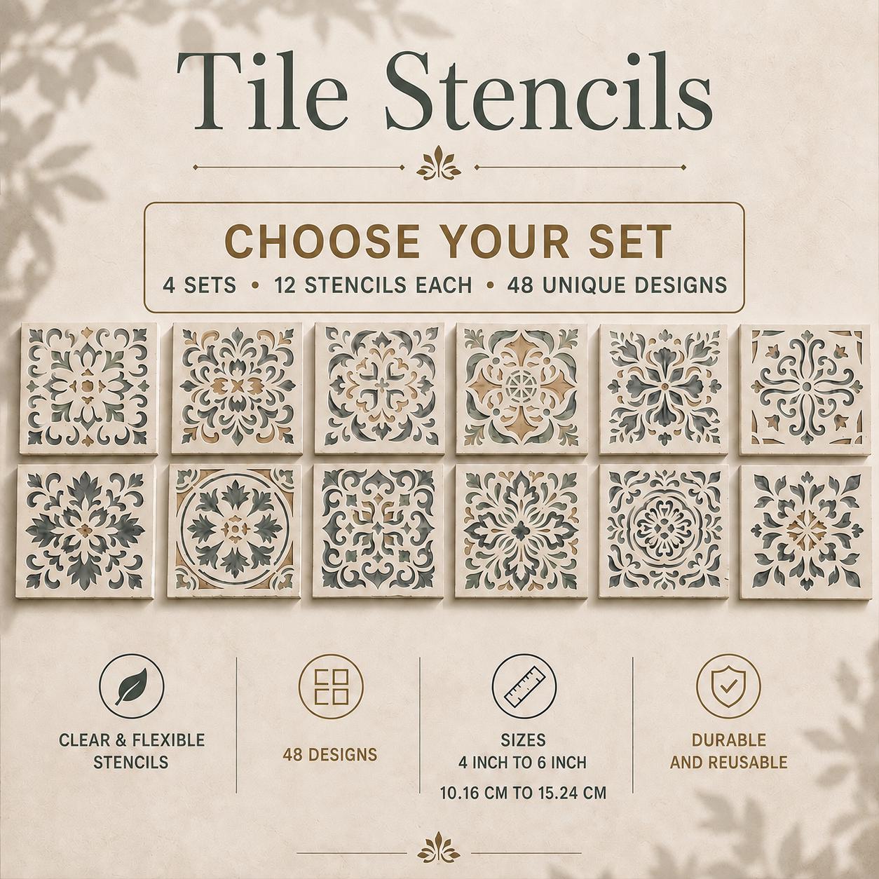 Tile Stencils | Reusable Flexible Floor & Wall Stencils | 48 Designs, 4 Sets | 4x4 to 16x16 Inch, DIY, home decor, painting, art, craft.