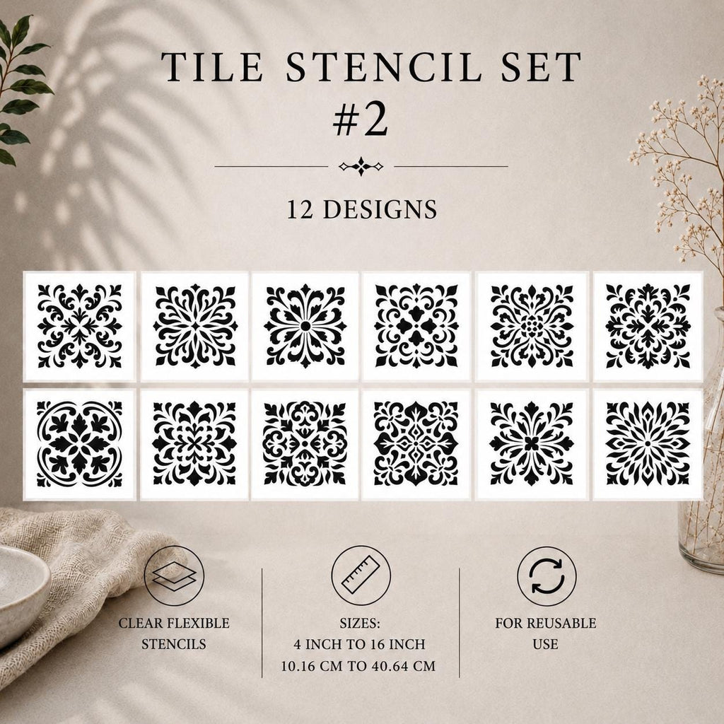 Tile Stencils | Reusable Flexible Floor & Wall Stencils | 48 Designs, 4 Sets | 4x4 to 16x16 Inch, DIY, home decor, painting, art, craft.