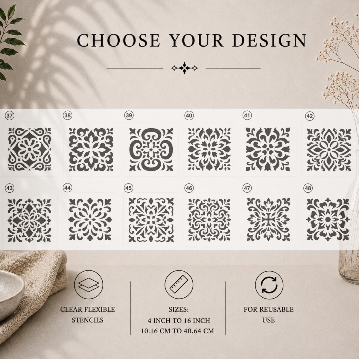 Tile Stencils | Reusable Flexible Floor & Wall Stencils | 48 Designs Sold Individually | 4x4 to 16x16 Inch | DIY Home Decor Painting Art