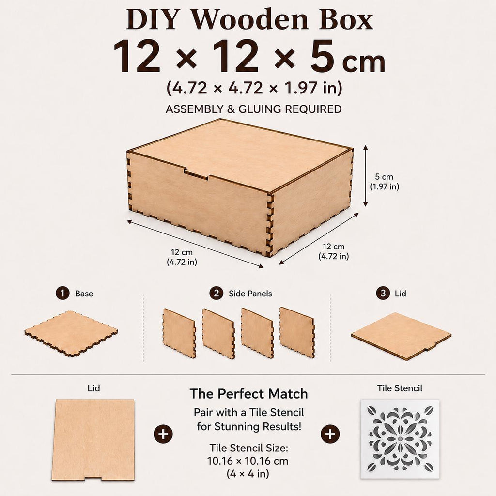 DIY Wooden Box Kit, Birch Plywood Box, Unfinished Wood Box, Craft Storage Box, Jewelry Box Blank, DIY Gift Box, Tile Stencil Box, Art