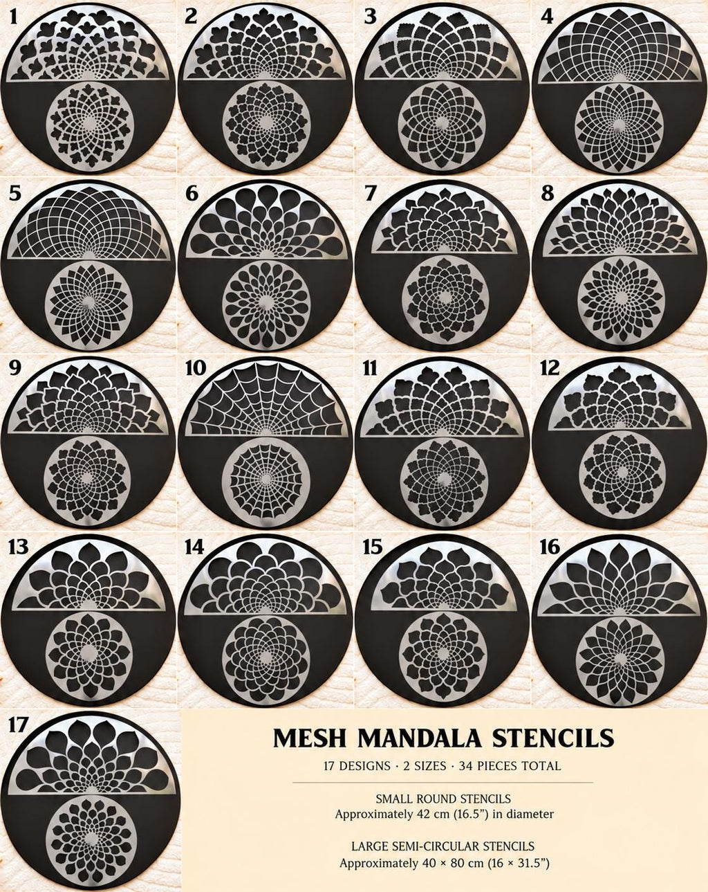 Flexible Art Stencils, 17 Mandala & Decorative Designs, Large Semi-Radius Stencils, Dot Painting, Reusable Painting Stencils